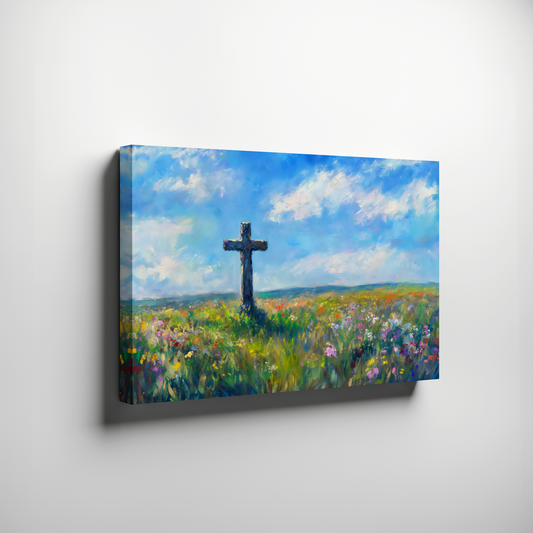Christian cross wall art on canvas, standing in a vibrant wildflower field under a blue sky