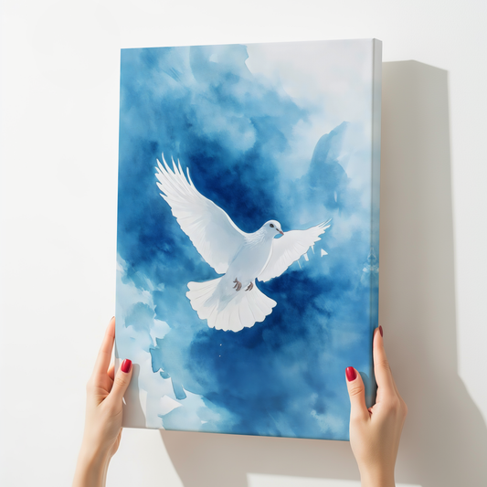 White dove wall art on blue watercolor background, Christian peace canvas decor