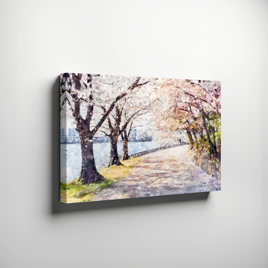 Cherry Blossom River Path Canvas - Renewal & Serene Journey Art
