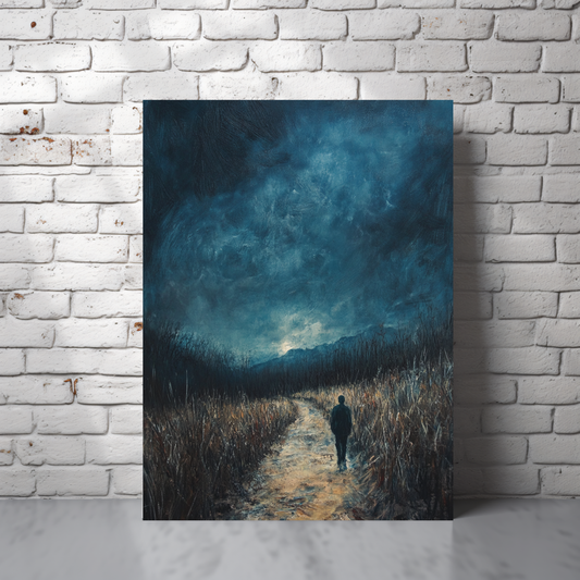 Moody landscape wall art with person walking a path under dramatic blue sky, spiritual decor