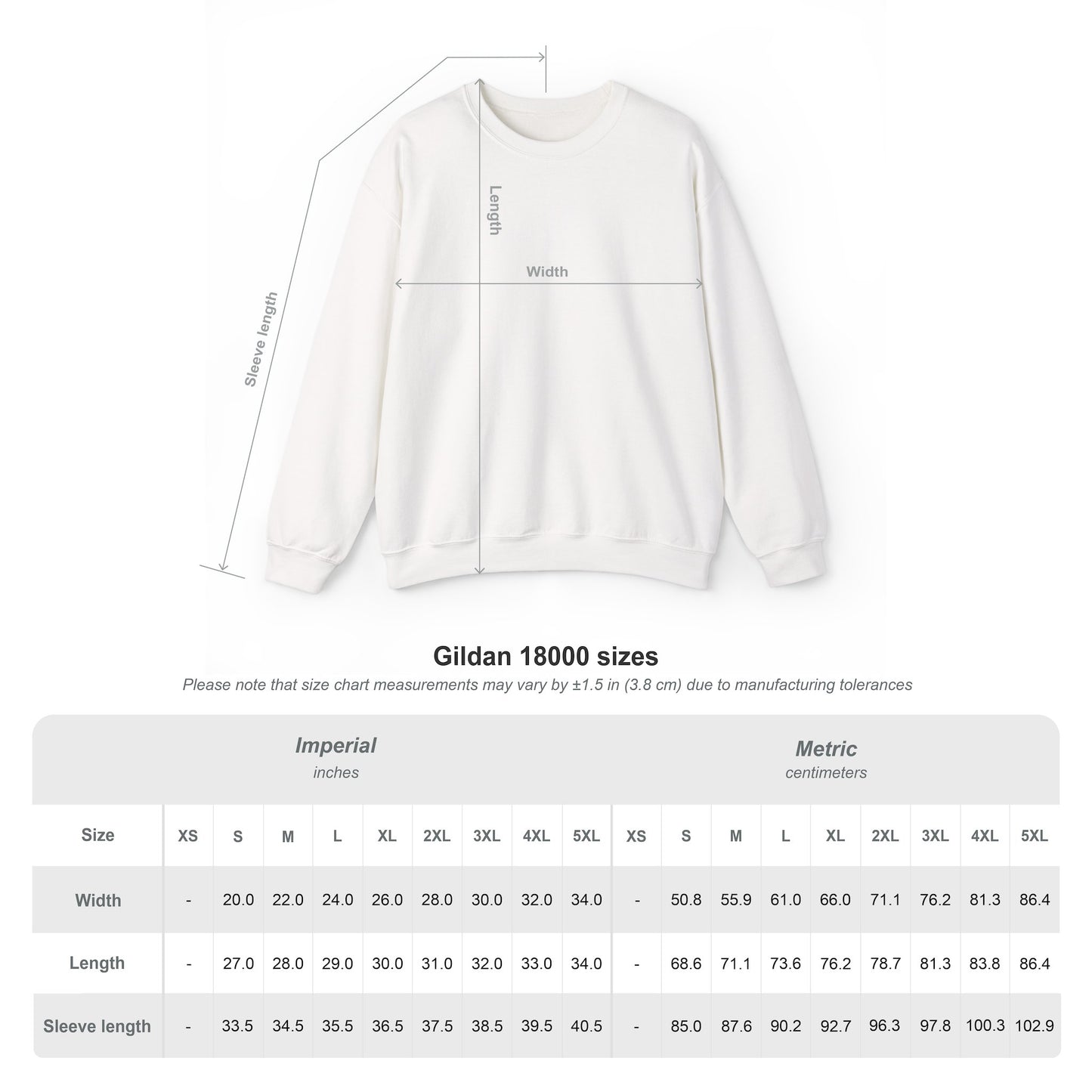 Gildan 18000 size chart with measurements for width, length, and sleeve on a white sweatshirt.