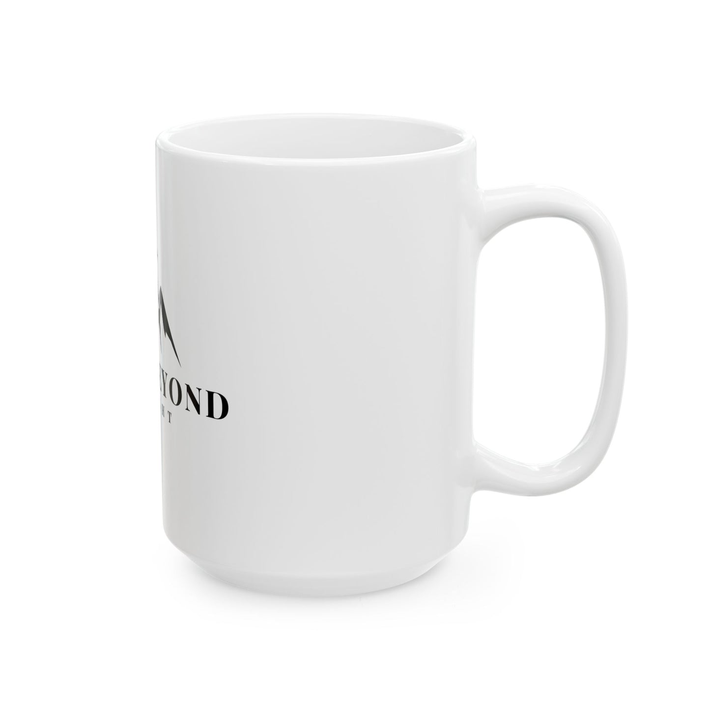 White ceramic mug with partial black faith-inspired text and logo on a plain background
