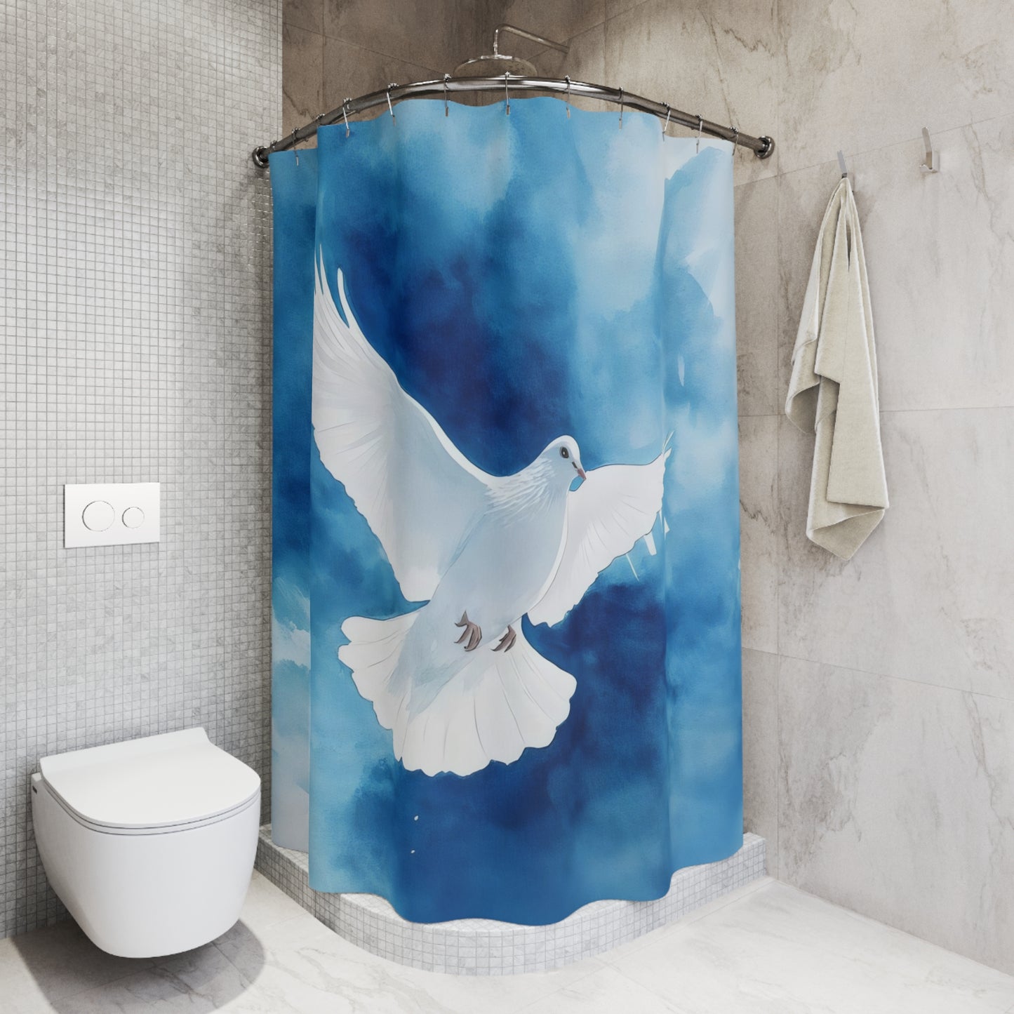 Christian dove shower curtain with blue watercolor background, modern bathroom decor