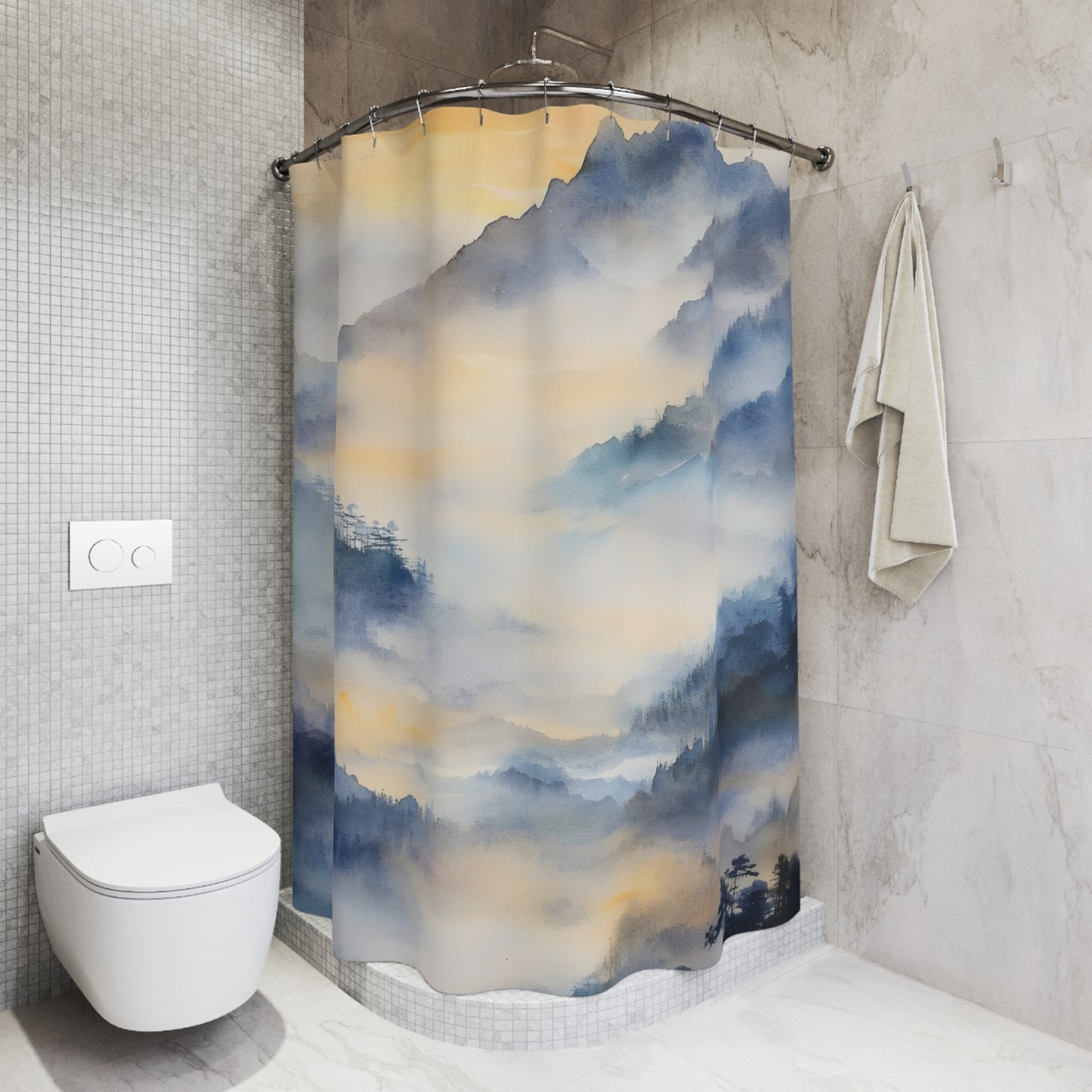 Serene bathroom with mountain landscape shower curtain, modern toilet, and hanging towel.