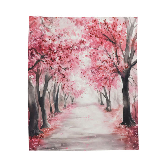Cherry Blossom Path Velveteen Plush Blanket | Pink Tree Scenic Throw