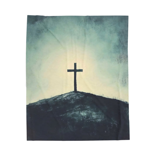 Cross on Hill Velveteen Plush Blanket | Religious Christian Decor, Prayer Throw