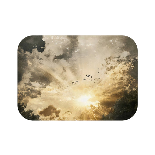 Sunrise Clouds Scene Bath Mat | Radiant Sky, Birds Silhouette