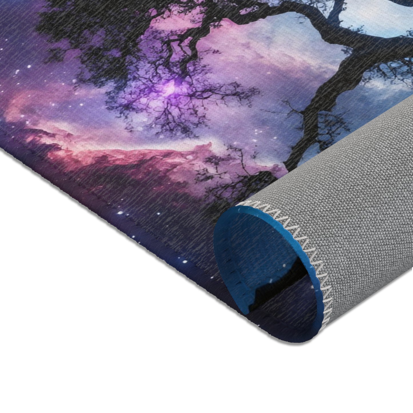 Christian wall art featuring a silhouetted tree against a purple galaxy night sky