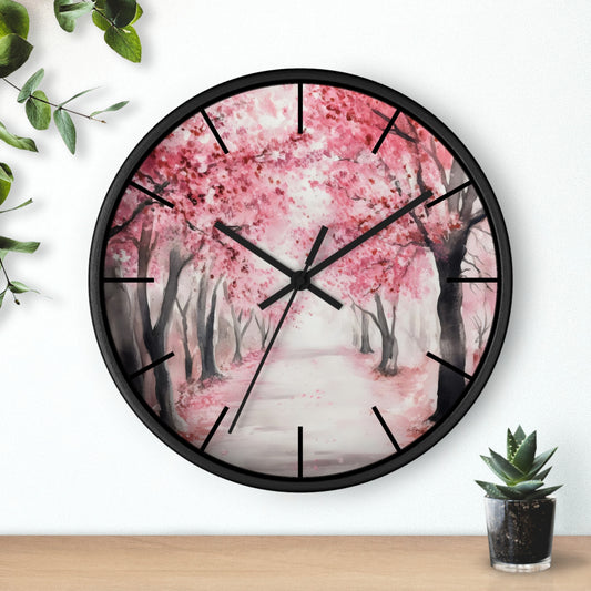 Cherry Blossom Path Wall Clock | Pink Floral Tree Landscape, Spring Decor