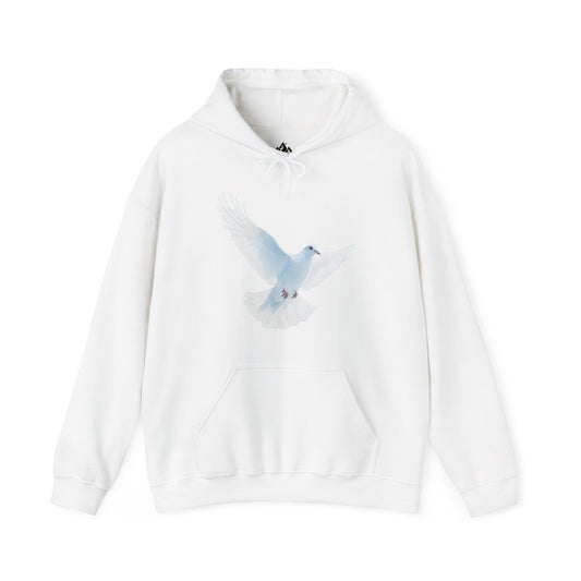 White hoodie with a printed dove graphic, faith-inspired spiritual apparel