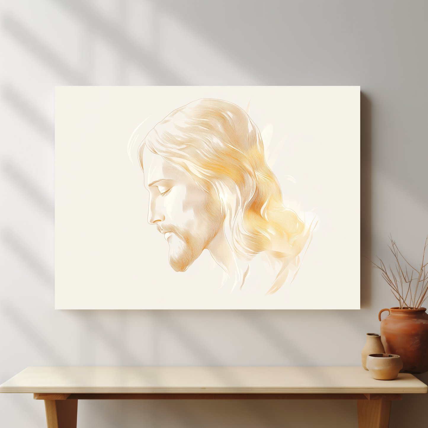 Christian wall art featuring a serene portrait of Jesus in a minimalist home setting.