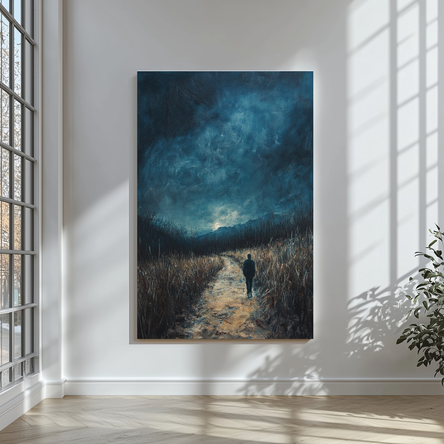 Moody Christian wall art depicting a solitary figure walking a reflective path under a dark sky.
