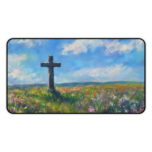 Cross in Wildflower Field Desk Mat | Christian Religious Landscape Mouse Pad