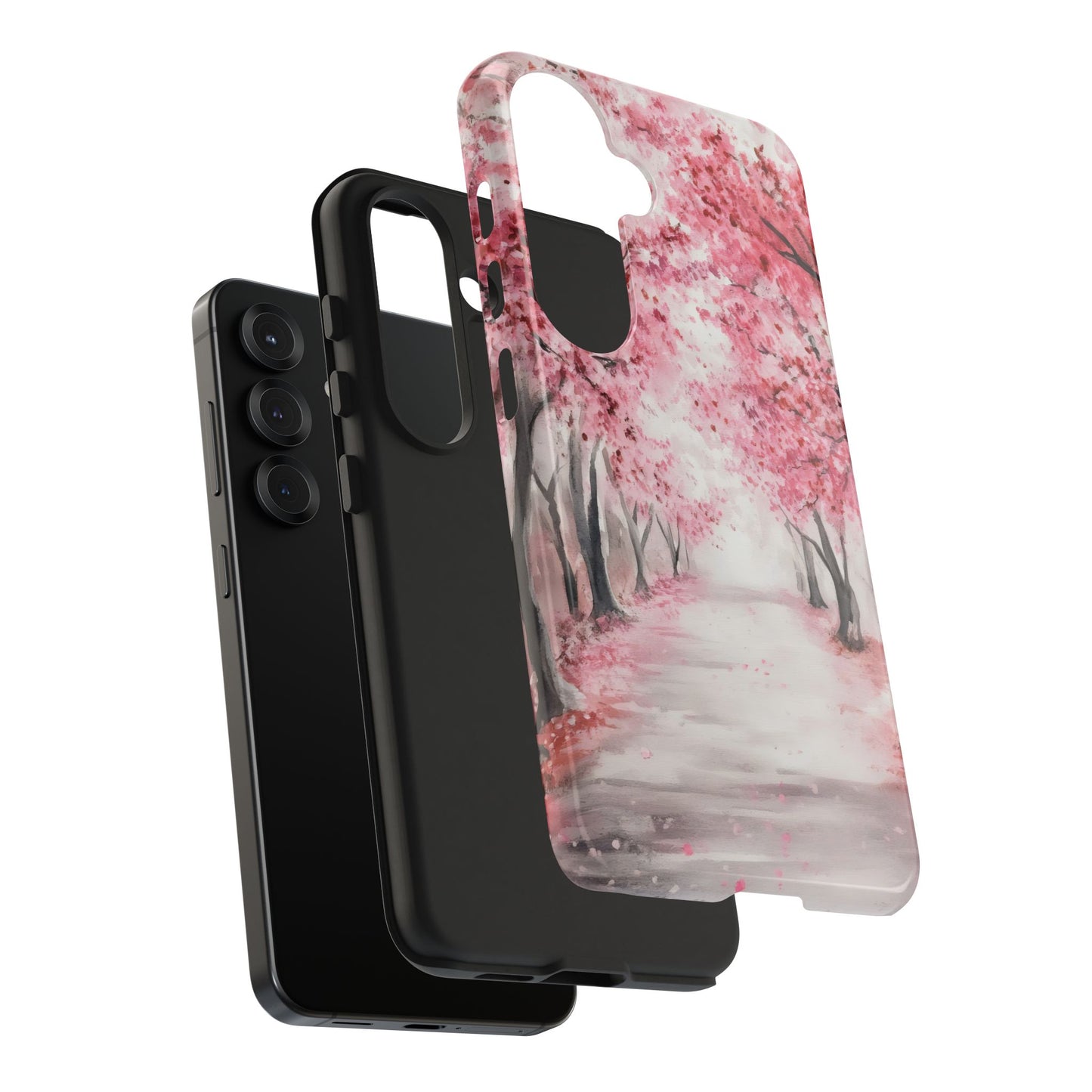 Phone case with pink cherry blossom path design, positioned above a modern black smartphone