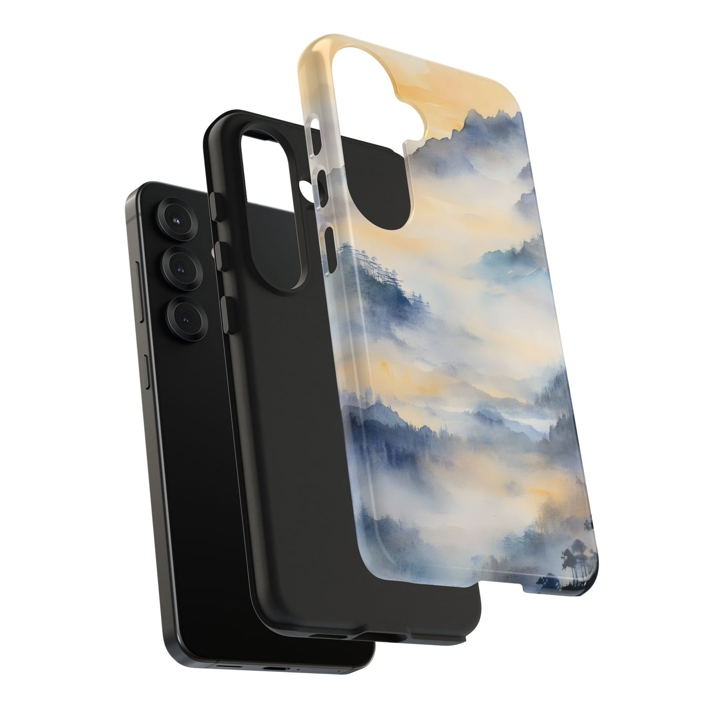 Phone case with serene mountain mist artwork in soft blue and yellow tones