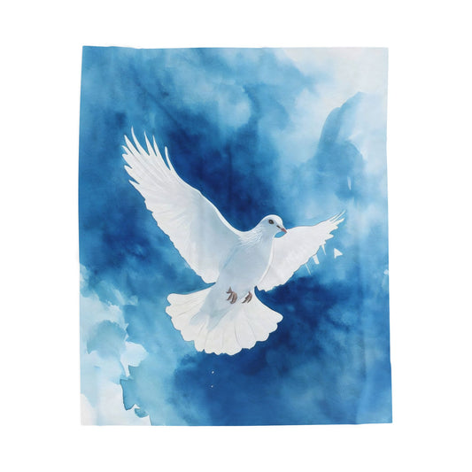 White Dove in Blue Watercolor Sky Velveteen Plush Blanket | Peaceful Bird Throw