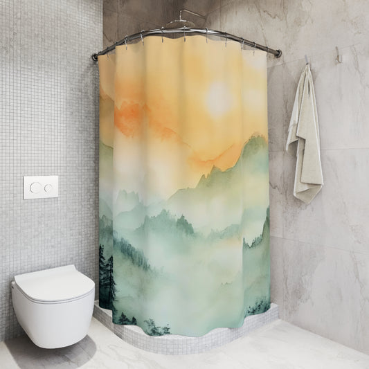 Bathroom with watercolor mountain shower curtain, modern toilet, and hanging towel