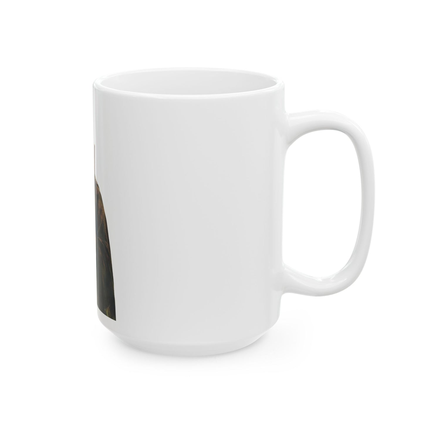 White ceramic mug with partial spiritual or Christian design on side