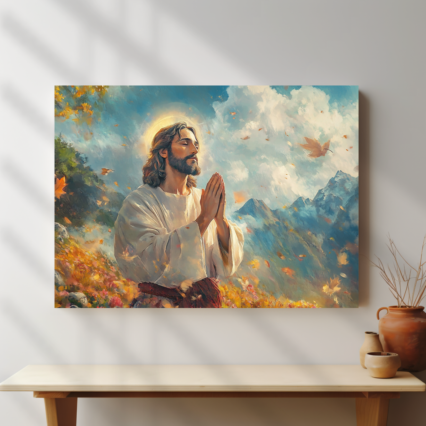 Autumn Peace Canvas - Jesus Prayer of Gratitude Wall Art displayed on a simple modern shelf, adding quiet spiritual presence to the room."