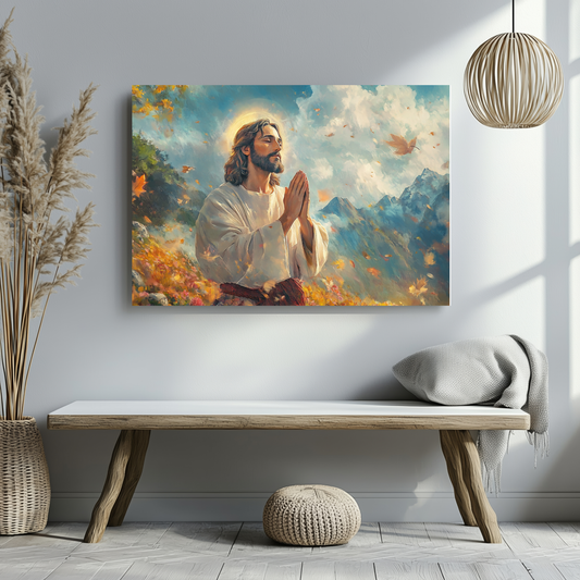 Jesus praying in autumn landscape canvas, Christian wall art, spiritual home decor