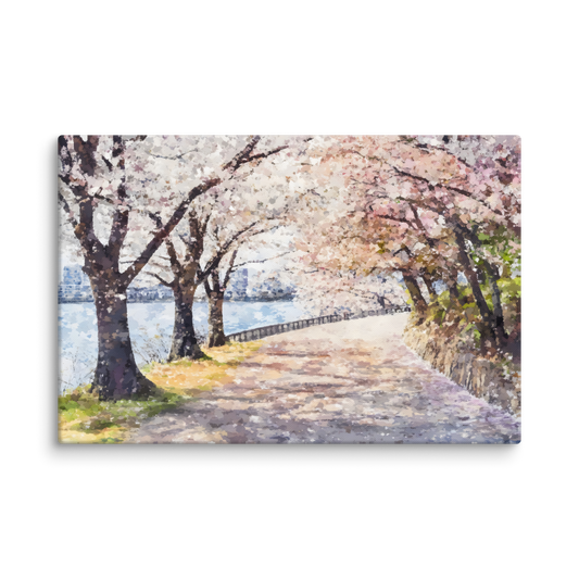 Serene cherry blossom river path wall art, spring landscape with pink and white blooming trees