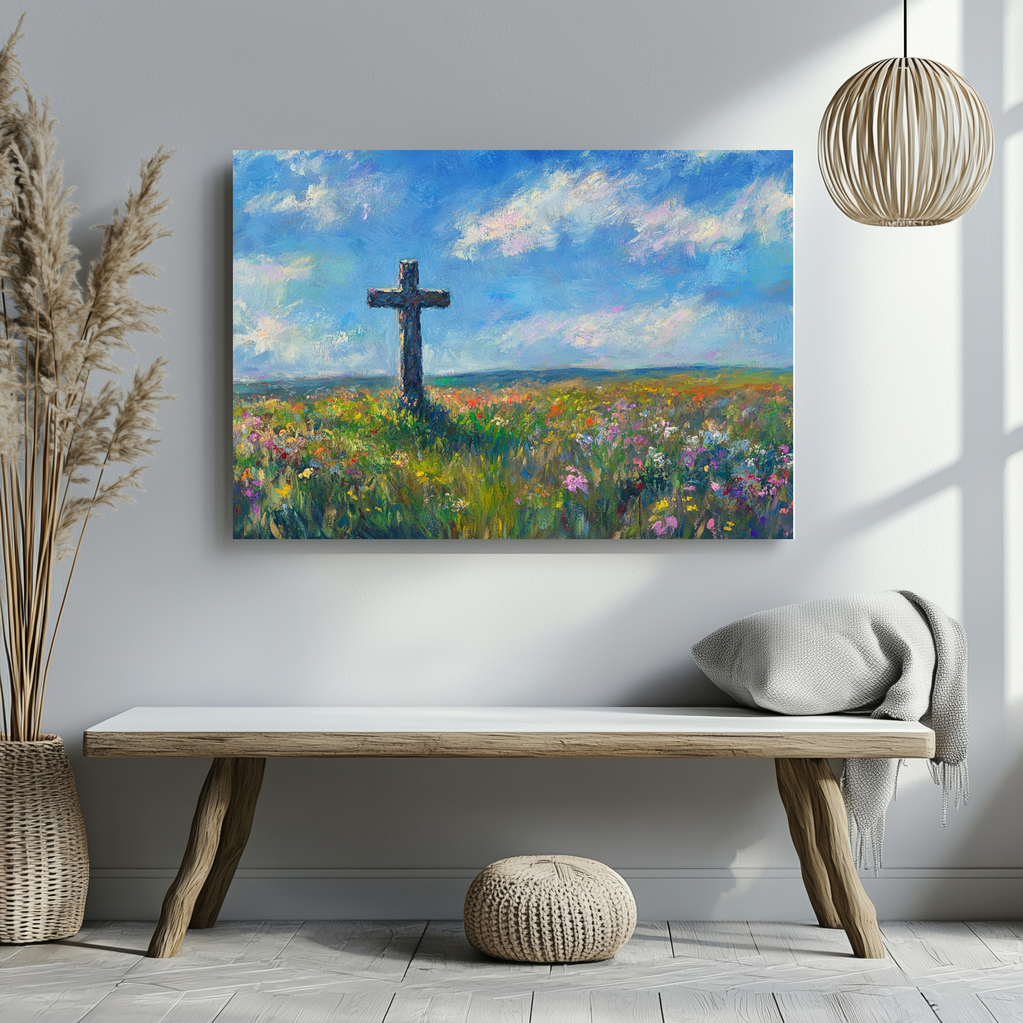Christian wall art with cross in wildflower field, blue sky, spiritual home decor