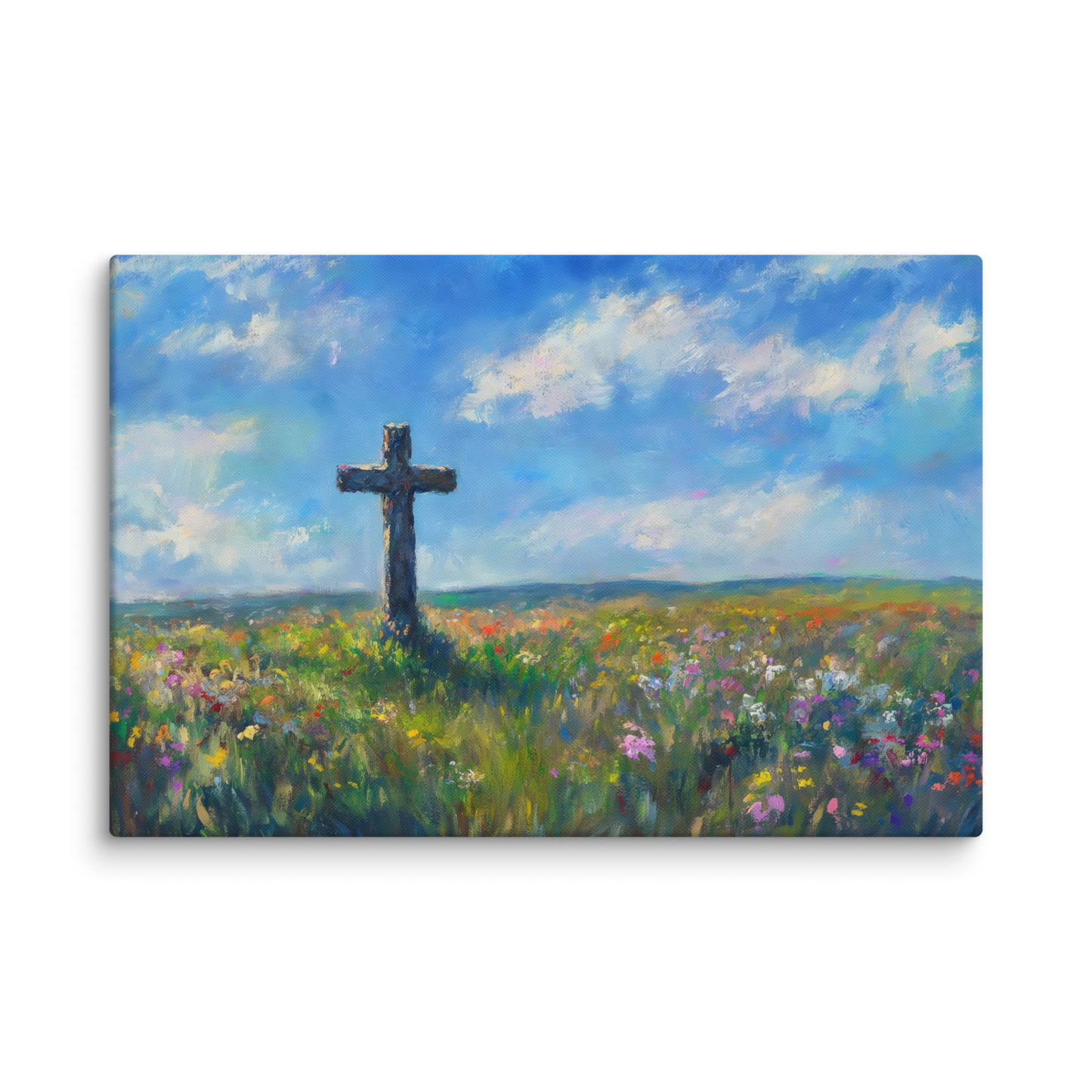 Painting of wooden cross in a vibrant wildflower field under a bright blue sky – Field of Faith Christian Canvas Wall Art.