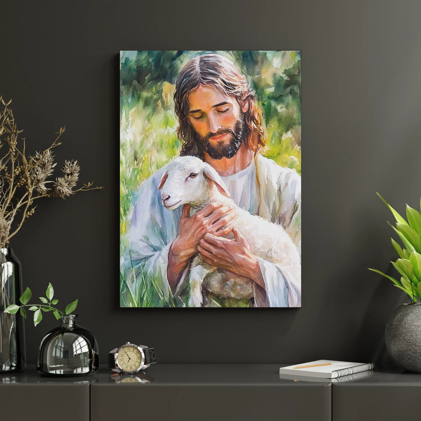 Christian wall art canvas showing Jesus holding a lamb in a peaceful, nature setting