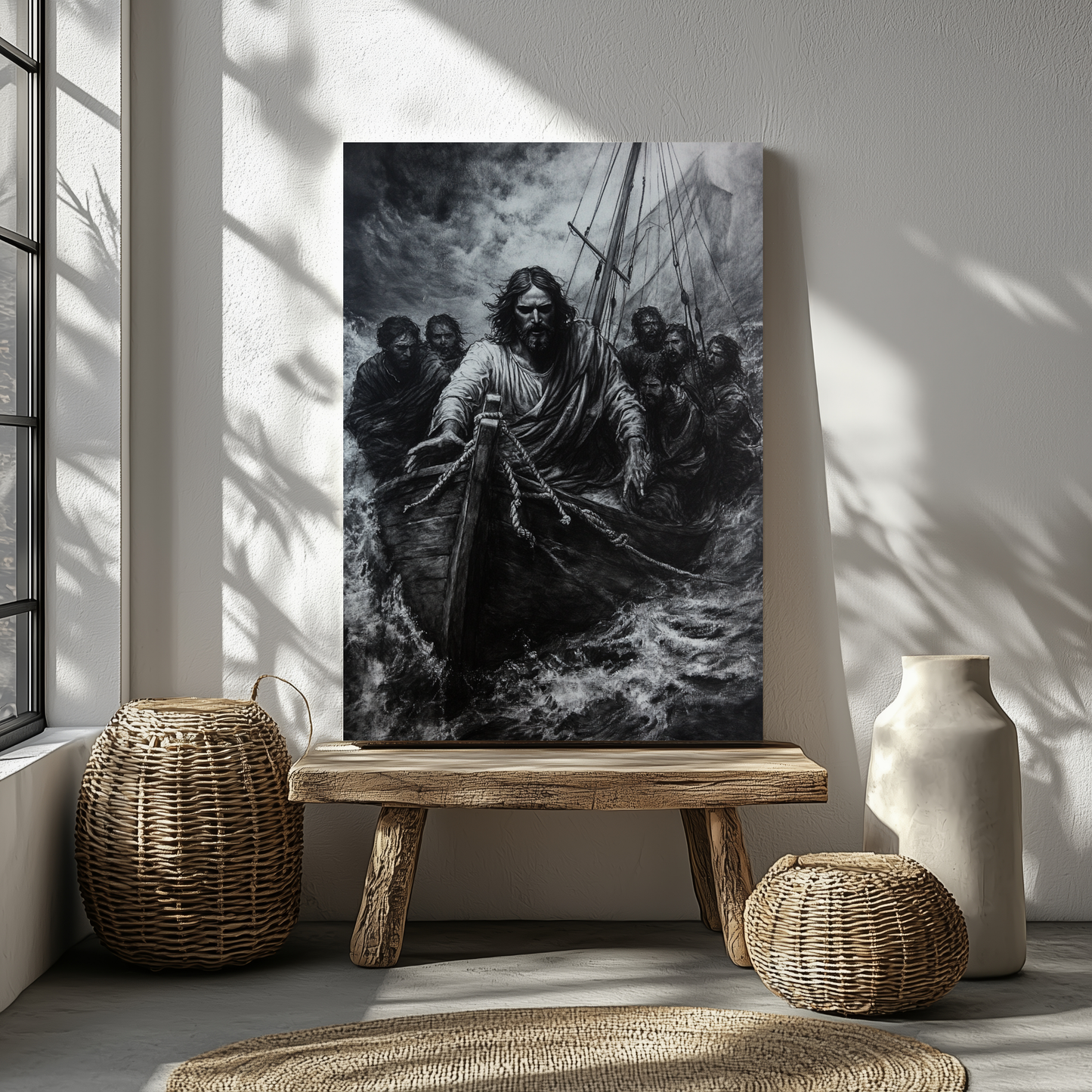 Peace Be Still Canvas - Jesus Calming the Storm Wall Art above a simple bookshelf, integrating faith decor into everyday home life.