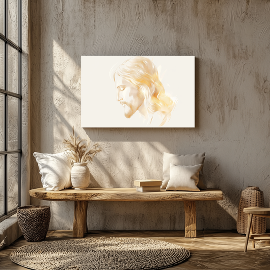 Minimalist Jesus profile canvas wall art in serene, sunlit living room with natural decor