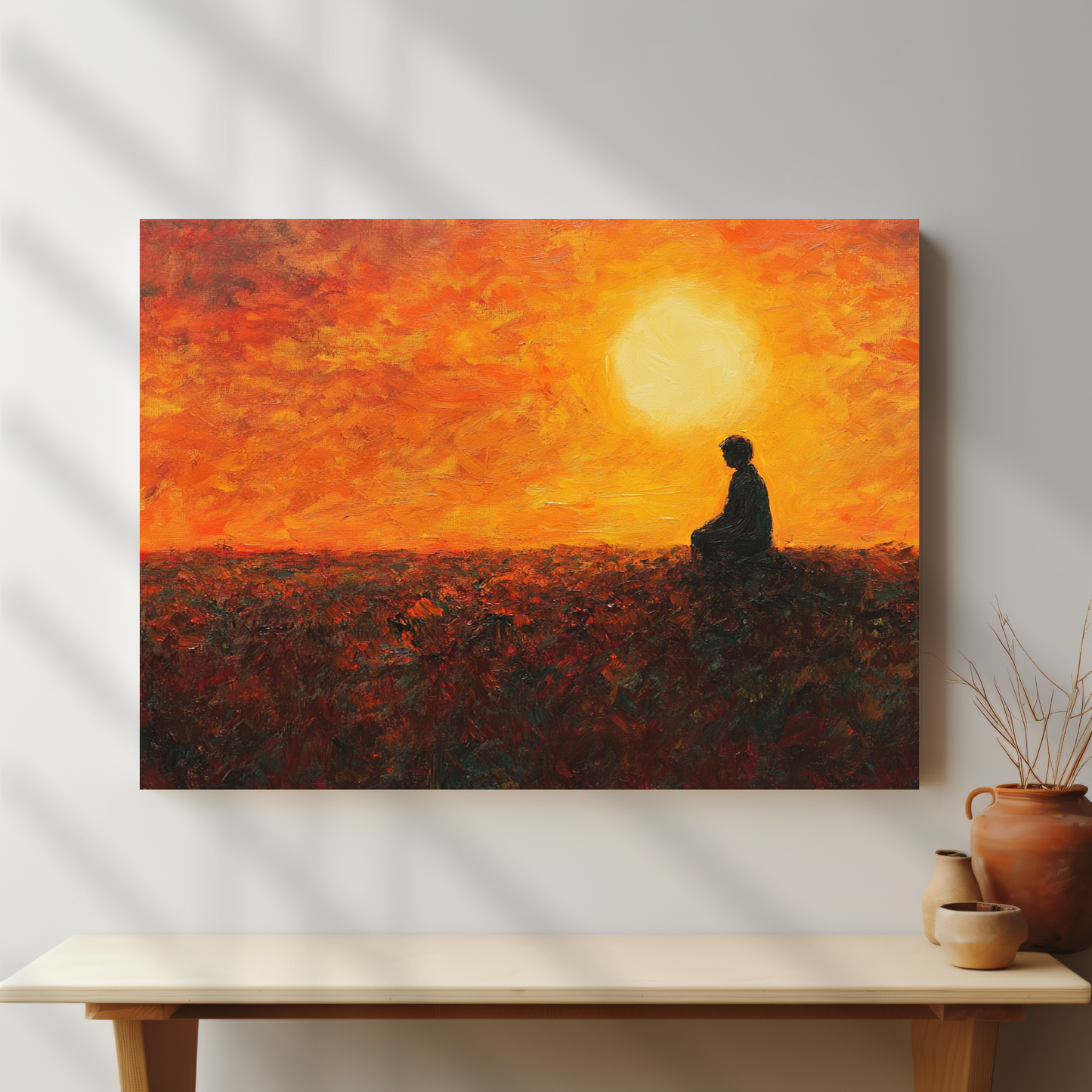 Canvas wall art of silhouette meditating at sunset with vivid orange sky, spiritual decor