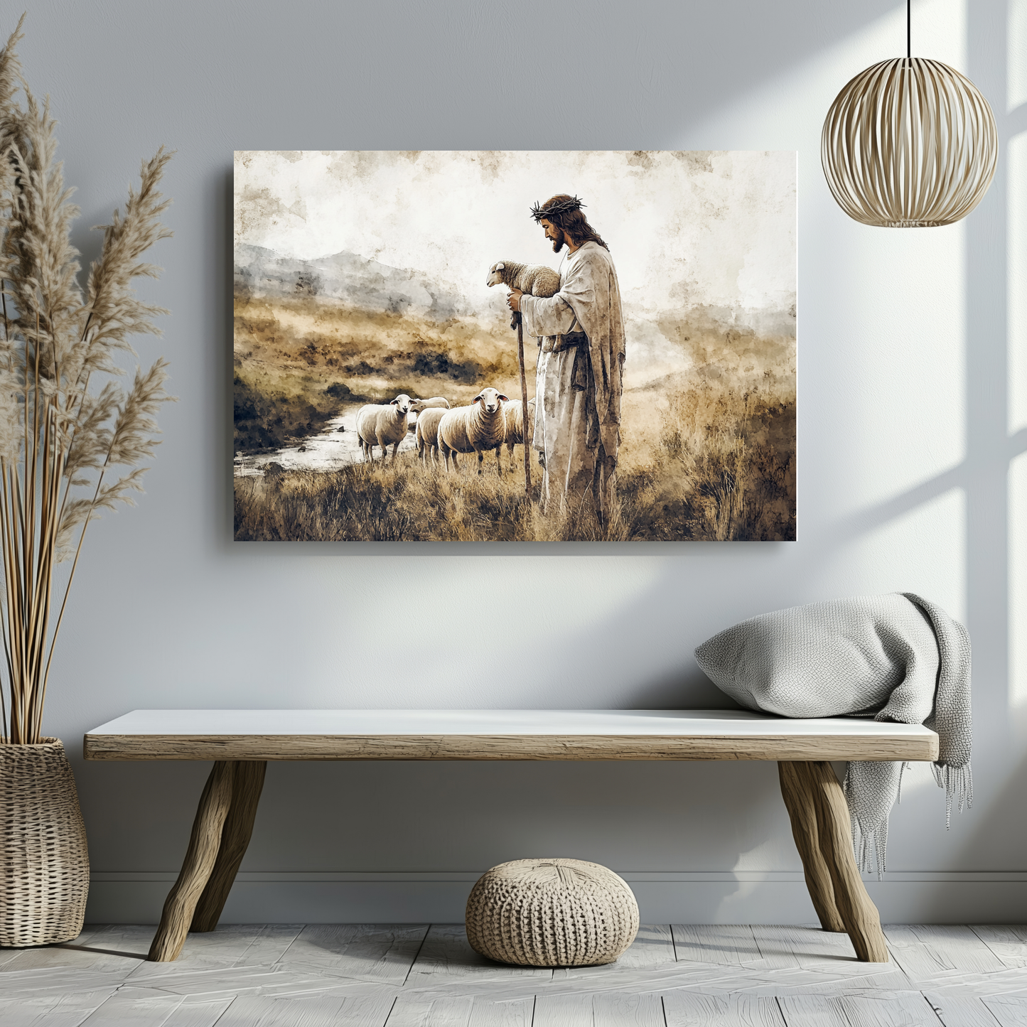 Christian wall art of Jesus as shepherd with sheep in serene landscape, canvas in modern home