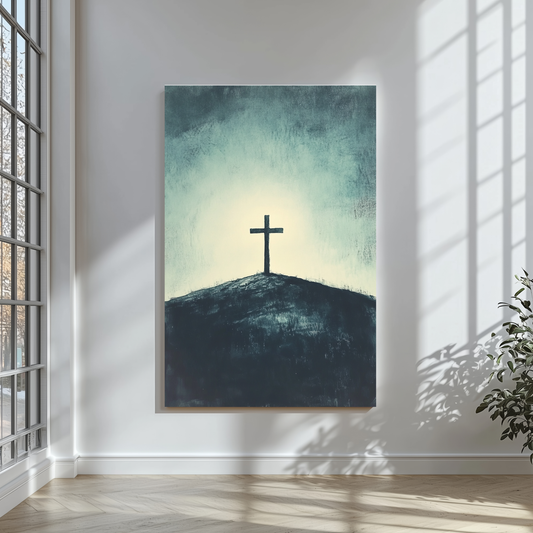 The Solitary Cross Canvas – Minimalist Contemplative Faith Art hanging on a bright white minimal living room wall, creating a peaceful and uplifting atmosphere.