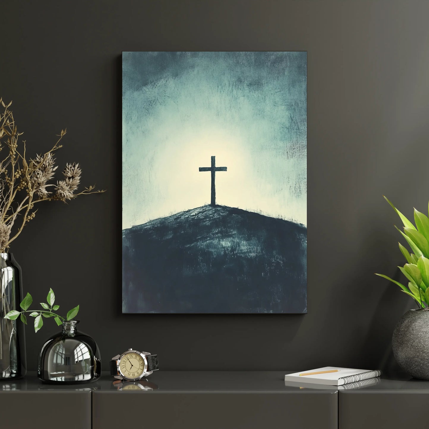 Christian wall art canvas with solitary cross on hill, modern faith-inspired home decor