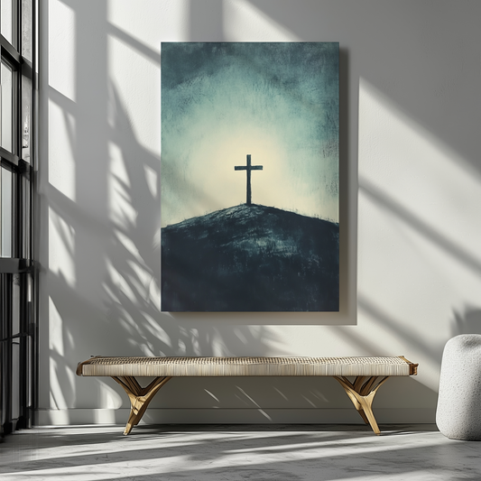 "The Solitary Cross Canvas – Minimalist Contemplative Faith Art Christian artwork in a modern living space with soft natural window light, promoting peace and reflection.