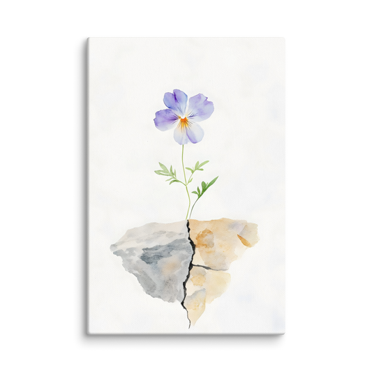 Watercolor canvas of a purple flower growing through cracked stone, symbolizing resilience.