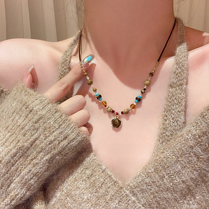 Vintage Tiger Eye Stone Beaded Necklace with Lobster Clasp – product view 5