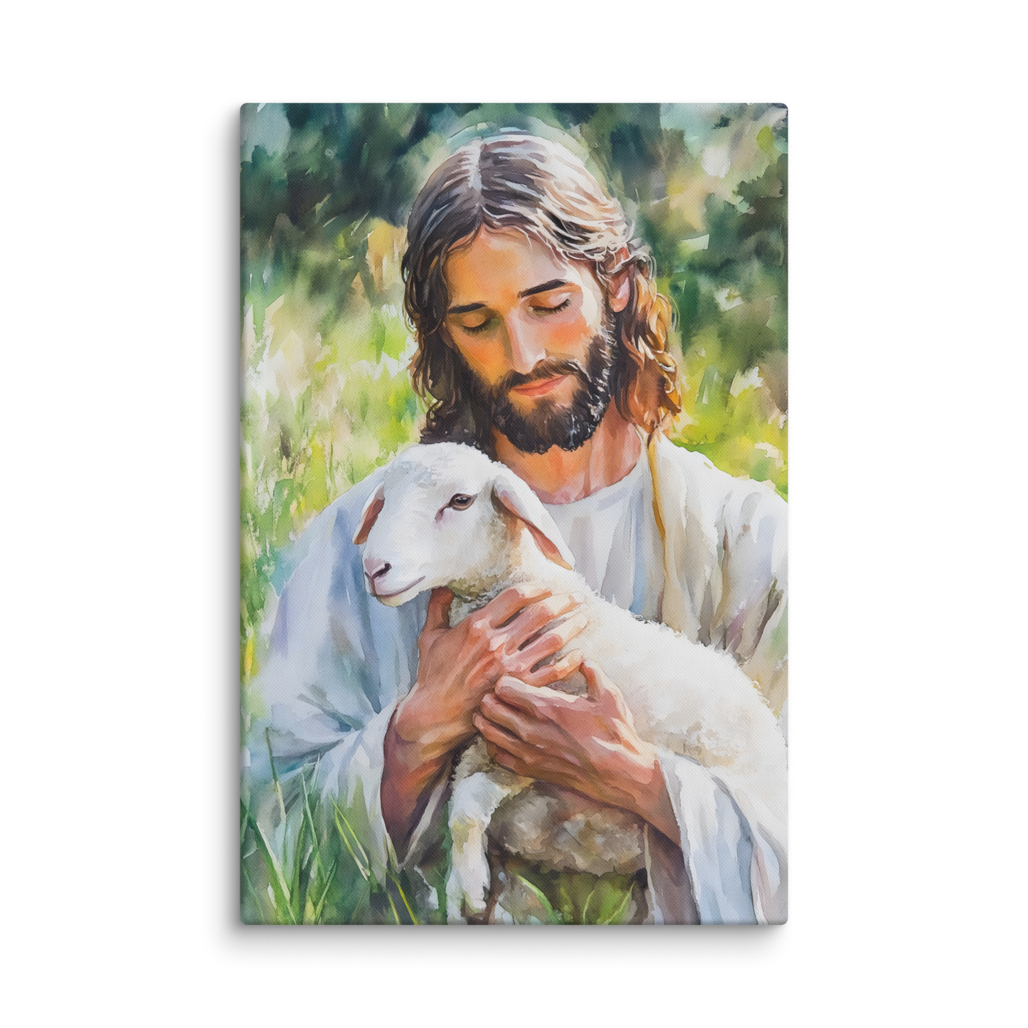 Watercolor painting of Jesus as the Gentle Shepherd, holding a lamb tenderly in a green meadow – Christian canvas wall art of peace and love.