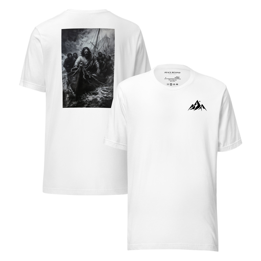 White T-shirt with minimalist logo on the front and “Peace Be Still” artwork printed on the back – PeaceBeyondThought Christian apparel.