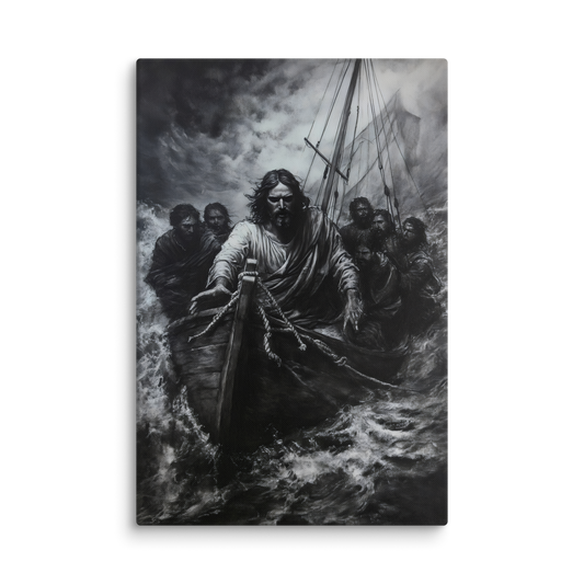 Jesus calming the storm canvas wall art, disciples in boat on stormy sea, Christian decor