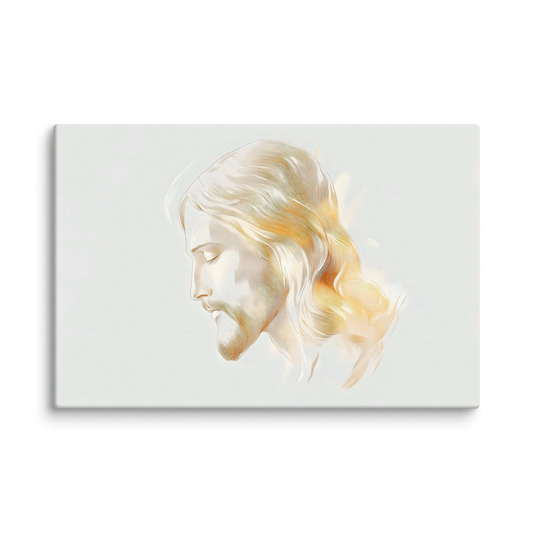 Minimalist canvas art of Jesus profile with serene expression, soft light and neutral background.