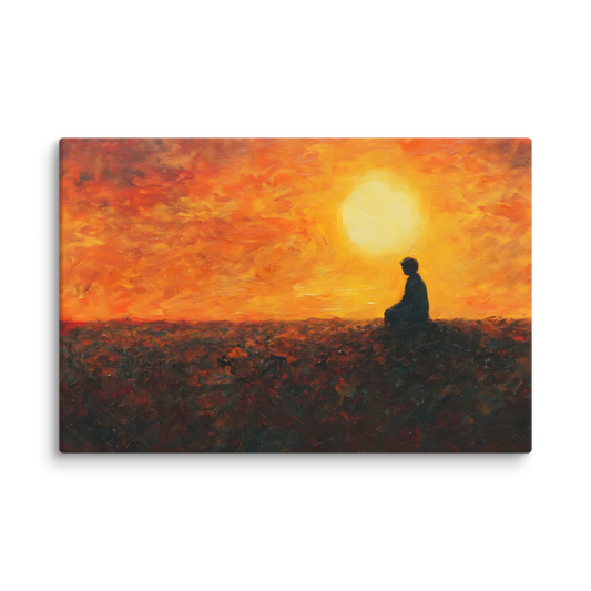 Silhouette meditating at sunset, mindful wall art with warm orange sky and peaceful landscape