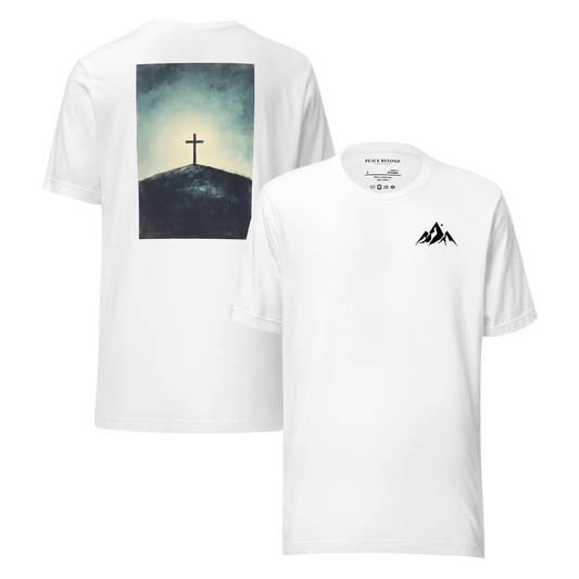 White T-shirt with minimalist logo on the front and “The Solitary Cross” artwork printed on the back – PeaceBeyondThought Christian apparel.