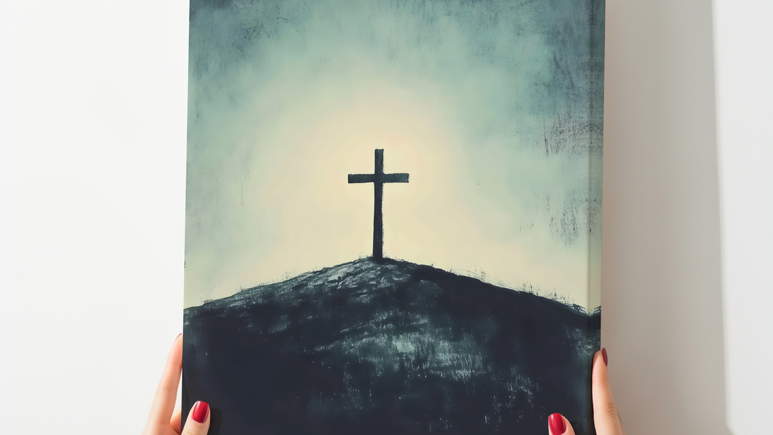 Solitary cross on a hill Christian wall art at sunrise