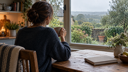 Woman pauses with a mug beside a rain-streaked window in a quiet kitchen.