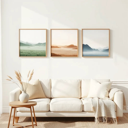 Three serene nature-inspired canvas prints on a light wall in a bright minimalist living room