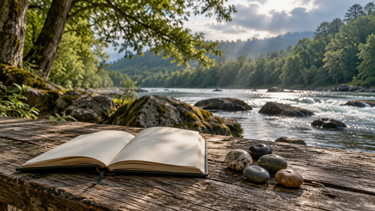 An open journal and five stones on a wooden table beside a flowing river.