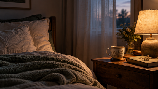 A softly lit bedroom at dusk with a bedside lamp, tea, and folded blanket.