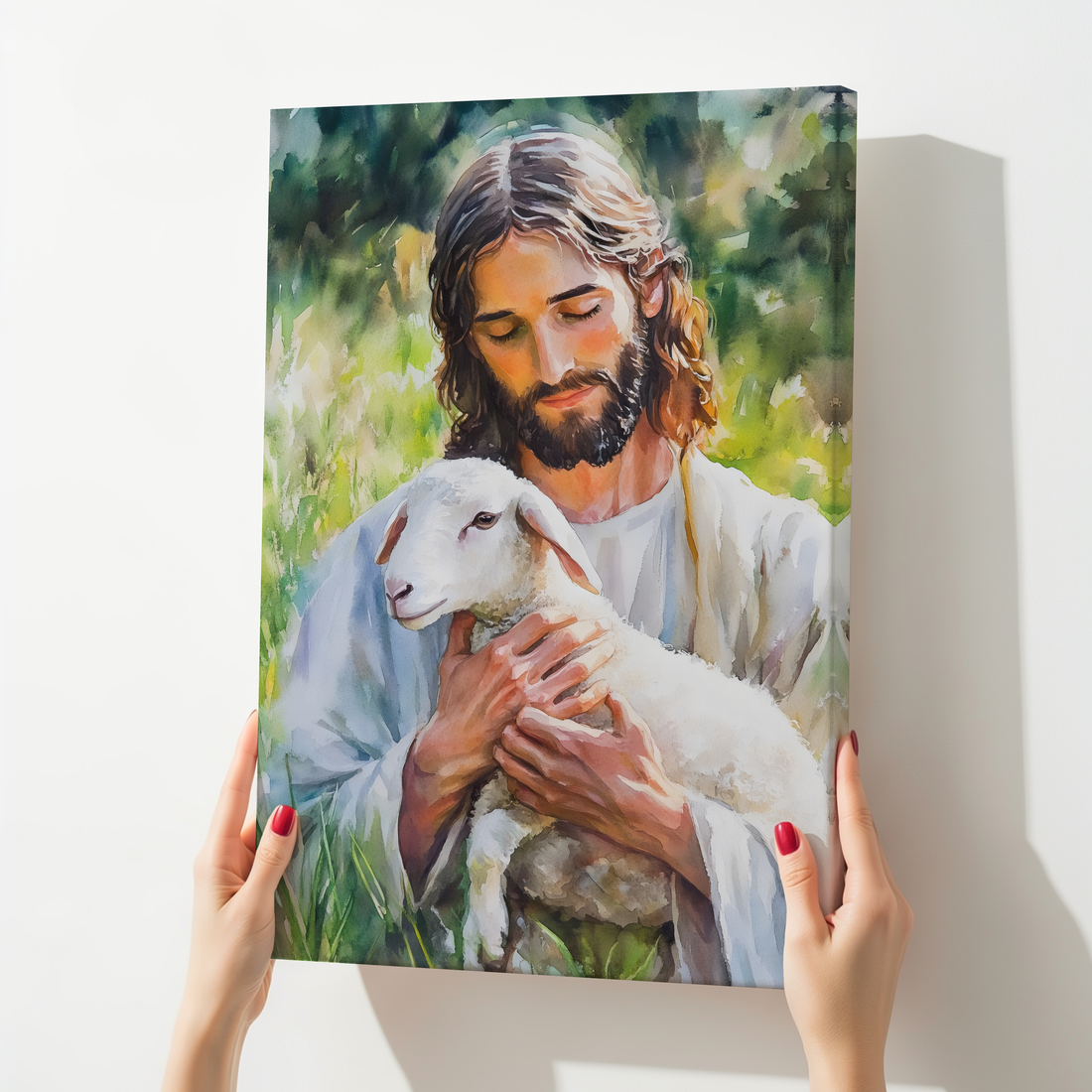 Christian wall art canvas showing Jesus gently holding a lamb in a serene pastoral setting
