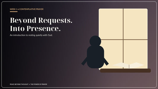 Quiet prayer scene by a warm window and open Bible, representing contemplative prayer and resting in God's presence beyond words.